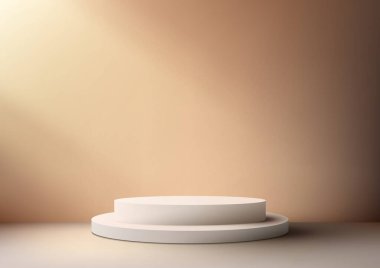 3D gerçekçi beyaz renkli podyum adımları ortaya çıkıyor. Modern bir vektör tasarımıyla, ürünlerinizin modellerini sergiliyorsunuz. Büyüleyici bir ışık demeti ile bej bir arkaplan oluşturun. Vektör illüstrasyonu