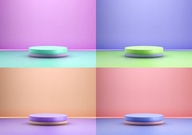 Canlı bir duvar arka planında 3 boyutlu gerçekçi renkli podyum. Bu modern ürün sergisi ürünlerinizi sergilemek için mükemmel. Vektör illüstrasyonu