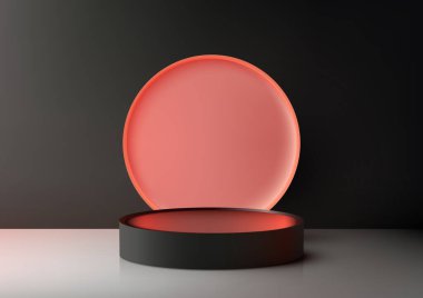 3D gerçekçi siyah renkler, pembe neon renkli daire arka planı olan boş podyum platformu, en az duvar sahnesi olan siyah arkaplanı gösteriyor. Vektör illüstrasyonu