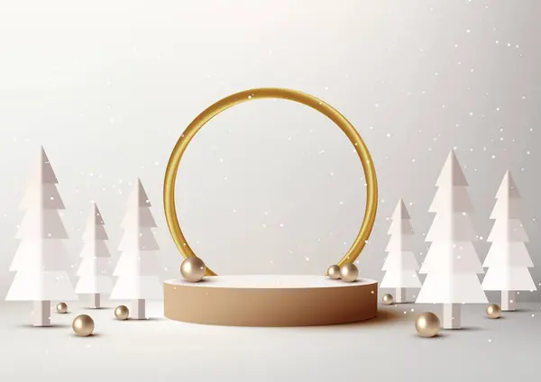 クリスマスのお祝い3D表彰台の装飾金の円の背景と雪と白い床と壁の背景の製品ディスプレイのための松の木 クリスマスの休日のコンセプトのモックアップ ベクトルイラスト ストックベクター