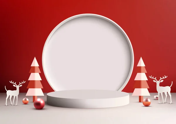 白い床および赤い壁の背景の光沢のある球 松の木およびトナカイが付いているクリスマスのお祝い3D現実的な白い表彰台の装飾はプロダクト表示 モックアップ ショールームおよびショーケースのために完全です ベクトルイラスト ストックイラスト