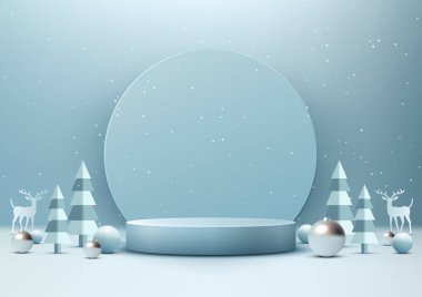 Noel şenliği 3D yumuşak mavi podyum dekorasyonu. Çember zemin, çam ağacı, toplar, kar yağışı ve beyaz zemin zeminli ürün gösterisi için ren geyiği. Noel tatili modeli. Vektör illüstrasyonu