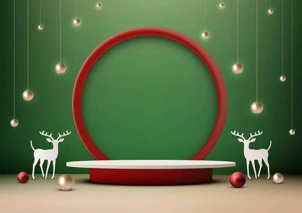 クリスマスのお祝い3Dリアルな白と赤の表彰台の装飾光沢のあるボール 松の木 床と緑の壁の背景のトナカイは 製品ディスプレイ モックアップ ショールーム ショーケースに最適です ベクトルイラスト ロイヤリティフリーのストックイラスト