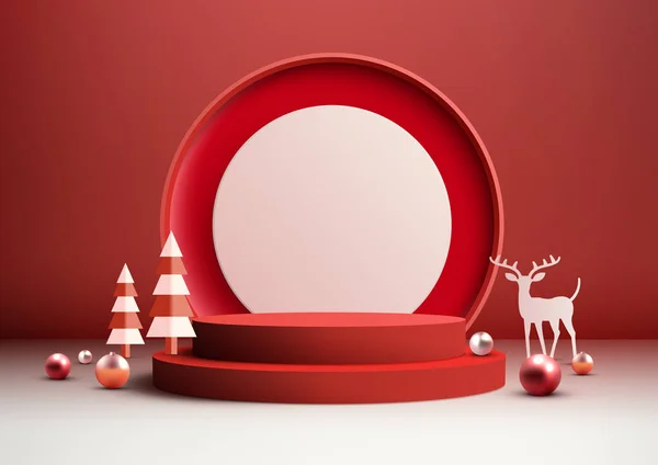 白い床および赤い壁の背景の光沢のある球 松の木およびトナカイが付いているクリスマスのお祝い3D現実的な赤い表彰台の装飾はプロダクト表示 モックアップ ショールームおよびショーケースのために完全です ベクトルイラスト ベクターグラフィックス