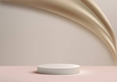 Üç boyutlu podyum modeli. Altın bir bez ile süslenmiş parlak beyaz bir podyuma sahip bu fotorealistik sahne arka planı kozmetik ürünleri ve mücevherleri sergilemek için mükemmel. Lüks bir şekilde. Vektör illüstrasyonu