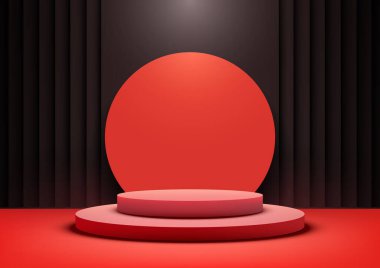 Kırmızı podyum modeli. Modern minimalist bir tasarım ve siyah arkaplanda 3 boyutlu bir daire arkaplanı olan bu platform markanızı sergilemek için mükemmel. Vektör illüstrasyonu