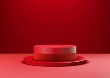 3D kırmızı podyum modeliyle Sevgililer Günü gösterisi. Lüks, minimalist bir ortamda kozmetik, mücevher ya da herhangi bir ürünü sergilemek için mükemmel. Vektör illüstrasyonu
