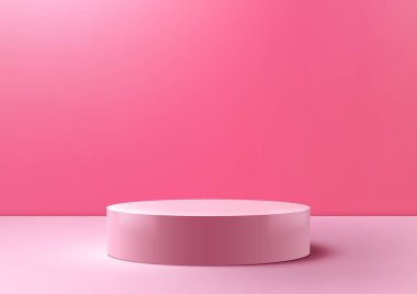 Minimum 3 boyutlu pembe podyum modeli. Yumuşak pembe bir sahne, romantik ve fotorealistik bir ortamda sevgililer günü ürünlerinizi bekliyor. Vektör illüstrasyonu