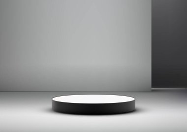 3D siyah beyaz podyum modeli. Modern minimalist tasarım, ürün sergisi mücevher, kozmetik ve elektronik ürünleri sergilemek için mükemmeldir. Vektör illüstrasyonu