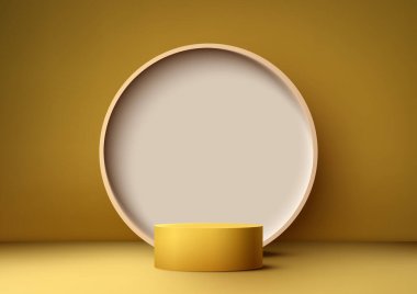 Bej daireli 3 boyutlu sarı podyum modern bir iç mekan ürün gösterimi modelidir. Ürünlerinizi bir profesyonelde sergilemek için mükemmel. Vektör illüstrasyonu