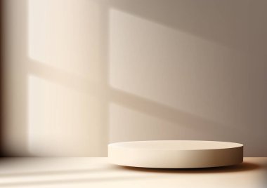 Gösterişli ürünler şık bej doğal podyum modeli. Ürün fotoğrafçılığı, pazarlama ve markalaşma için mükemmel. Gerçekçi ışıklandırma ve gölgelerle modern minimal tasarım. Vektör illüstrasyonu