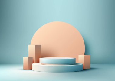 Mavi podyum modeli. Modern, minimalist bir tasarımı ve bej bir standı olan bu 3D ürünlerinizi temiz ve profesyonel bir şekilde sergilemek için mükemmel. Vektör illüstrasyonu