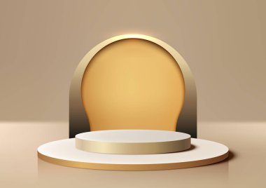 Arkasında altın kemer olan soyut 3D geometrik beyaz podyum. Lüks bir şekilde. Vektör illüstrasyonu