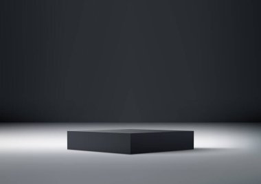 3D siyah podyum ürünü karanlık bir odanın arka planındaki spot ışıklarıyla aydınlatılıyor. Vektör illüstrasyonu
