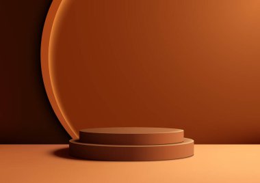 3D kahverengi podyum modeli yumuşak kahverengi bir zemin ve daire şeklinde bir zemin içerir. Ürünleri modern ve zarif bir şekilde sergilemek için mükemmel. Vektör illüstrasyonu