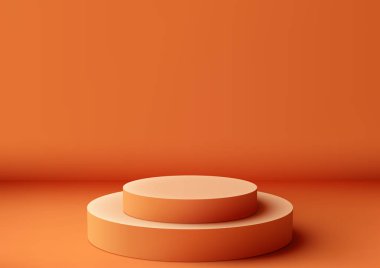 Geometrik şekilli 3 boyutlu turuncu podyum, arka planda en az duvar görüntüsü, ürün görüntüsü. Vektör illüstrasyonu