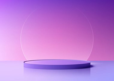 Pembe zemin üzerinde cam daire arkaplanı olan 3 boyutlu mor podyum. Ürün modelleme sergisi. Vektör illüstrasyonu