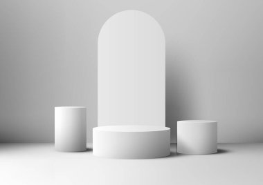 Beyaz bir platform ve zemin üzerinde üç silindir kaidesi olan üç boyutlu beyaz geometrik ürün görüntüsü. Perakende modeli. Vektör illüstrasyonu