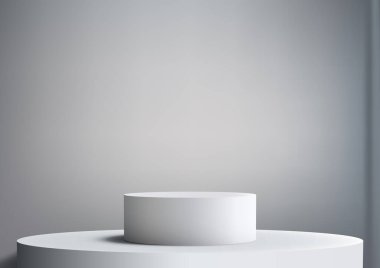 Gri arka planda 3 boyutlu beyaz podyum, ürün sergisi. Vektör illüstrasyonu