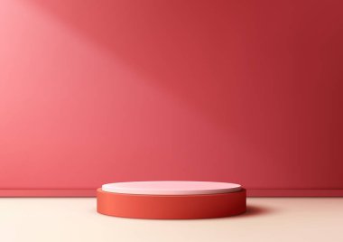 Perakende satış için 3 boyutlu kırmızı podyum modeli ideal. Şatafatlı, minimalist bir ortamda vitrin ürünleri. Vektör illüstrasyonu