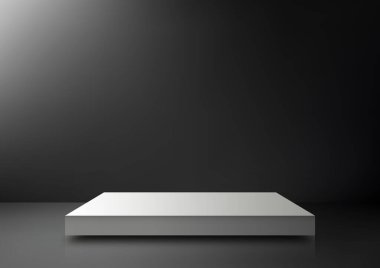 Ürünlerinizi modern, minimal siyah arkaplanda sergilemek için 3 boyutlu beyaz podyum modeli. Ürün fotoğrafçılığı, markalaşma ve pazarlama için mükemmel. Vektör illüstrasyonu