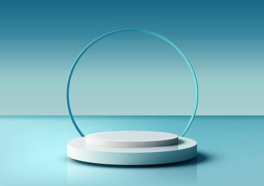 Yaz zamanı ürününüzü bu 3 boyutlu podyumda sergileyin. Sakinleştirici mavi okyanus ve gökyüzü arka planında beyaz bir sahne. Minimum ürün gösterimi için mükemmel. Vektör illüstrasyonu