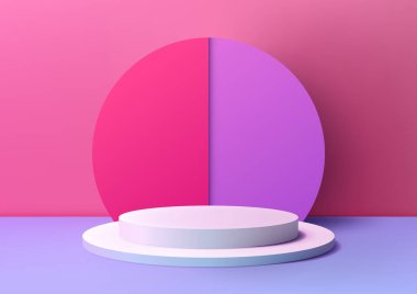 Soyut 3D beyaz podyum, mor zemin üzerinde daire arkaplan, pembe arka plan, ürün modelleme sergisi. Vektör illüstrasyonu
