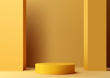 Sarı arka planda sarı bir podyumun yer aldığı bu modern 3D maketin sunumları. Mücevherler, ödüller ve daha fazlası için mükemmel. Vektör illüstrasyonu