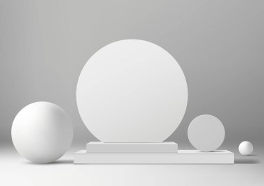 Geometrik daireli 3D beyaz podyum elemanları beyaz ve arka planda ürün görüntüsü. Perakende modeli. Vektör illüstrasyonu