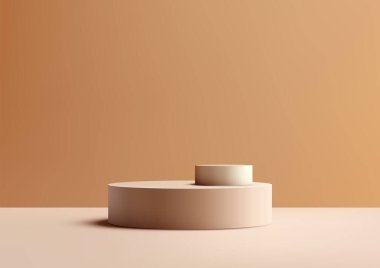 Kahverengi arka planda iki silindirli 3D bej podyum, minimal tarzda. Vektör illüstrasyonu
