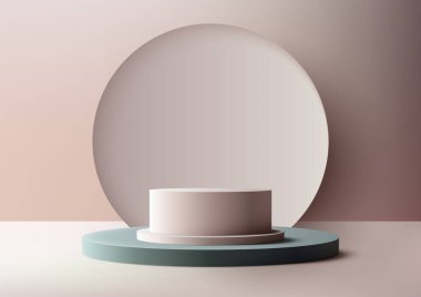 Kahverengi zemin üzerinde daire arkaplanı olan 3 boyutlu bej podyum modern bir iç mekan ürün gösterim modelidir. Ürünlerinizi bir profesyonelde sergilemek için mükemmel. Vektör illüstrasyonu