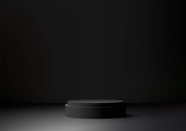 Üç boyutlu siyah podyum modeli. Üst düzey ve profesyonel bir görünüm için karanlık bir altyapısı var. Ürün fotoğrafçılığı, pazarlama materyalleri ve e-ticaret görselleri için ideal. Vektör illüstrasyonu