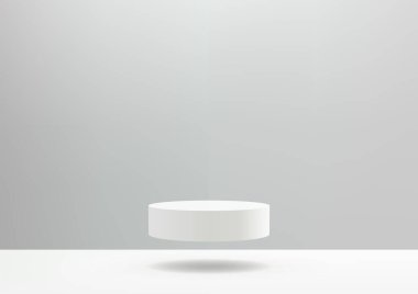 Üç boyutlu beyaz silindir podyum gri zemin üzerinde beyaz bir zeminde havada süzülür. Vektör illüstrasyonu