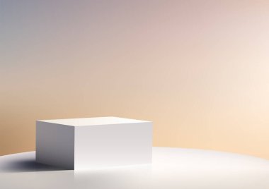 3D basit beyaz küp podyum düz beyaz bir yüzey üzerinde asgari duvar manzarası arka planında yer alır. Ürün modelleme sergisi. Vektör illüstrasyonu