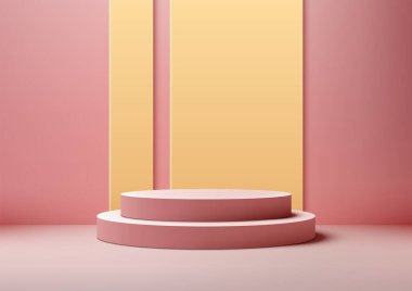 Pembe arka planda sarı duvarı olan 3D pembe podyum. Ürün modelleme sergisi. Vektör illüstrasyonu