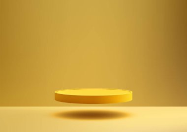 Sarı arka planda 3D parlak sarı daire podyum, Ürün ekranı, Mockup, Showcase sunumu. Vektör illüstrasyonu
