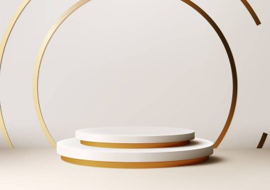 Altın kenarlı üç boyutlu beyaz podyum, beyaz sahne arkasında, lüks tarzı, Ürün sergisi, Mockup, Showcase sunumu. Vektör illüstrasyonu