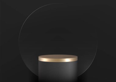Altın kapaklı 3D siyah silindir podyum siyah arka plan, lüks konsept, ürün sergisi, maketi, sergi salonu, vitrine karşı siyah bir platformda yer alır. Vektör illüstrasyonu