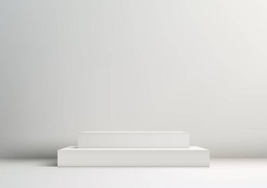 Üzerinde ışık bulunan 3D beyaz podyum merdiveni beyaz bir duvar zeminine karşı, minimal stil, ürün sergisi, model, sergi salonu, vitrin. Vektör illüstrasyonu