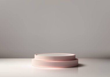 3 boyutlu pembe silindir şekilli podyum beyaz arka planda, minimal stil, ürün sergisi, maket, sergi salonu, vitrin. Vektör illüstrasyonu