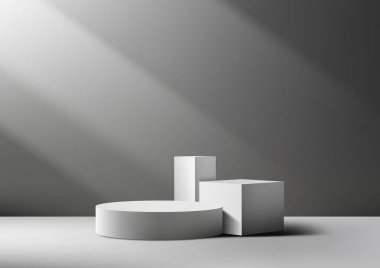 Gri arkaplan üzerinde daire ve küp şeklinde 3 boyutlu beyaz podyum, ışık demeti, minimal stil, ürün sergisi, model, sergi odası, vitrin. Vektör illüstrasyonu
