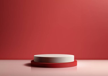 Arka planında kırmızı duvar olan 3 boyutlu beyaz ve kırmızı podyum, minimum konsept, ürün sergisi, maket, sergi salonu, vitrin. Vektör illüstrasyonu