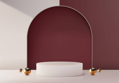 Altın top aksanlı üç boyutlu beyaz silindir podyum kemerli, lüks bir konsepti, ürün sergisi, maketi, sergisi, vitrini olan kırmızı ve beyaz bir duvarda bulunuyor. Vektör illüstrasyonu