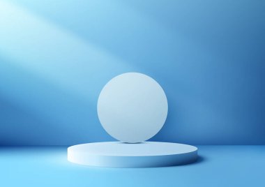 3D mavi renkli podyum, arka planda daire şeklinde bir arkaplan ve arka planda ışık demeti var. Minimal stil, Ürün ekranı, Mockup, Showcase sunumu. Vektör illüstrasyonu