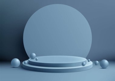 3D mavi podyum, daire arkaplan ve mavi arka planda birçok top unsuru, modern konsept, ürün sergisi, modelleme, sergi salonu, vitrin. Vektör illüstrasyonu