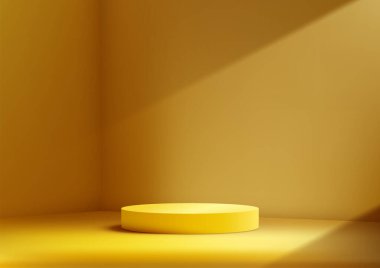Üç boyutlu sarı podyum sarı bir stüdyo odasının köşesinde duruyor, modern konsept, ürün sergisi, maket, sergi salonu, vitrin. Vektör illüstrasyonu