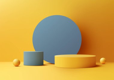 Üç boyutlu mavi ve sarı silindir podyum, sarı arka planda daire ve toplar, modern konsept, ürün sergisi, model, sergi, vitrin. Vektör illüstrasyonu