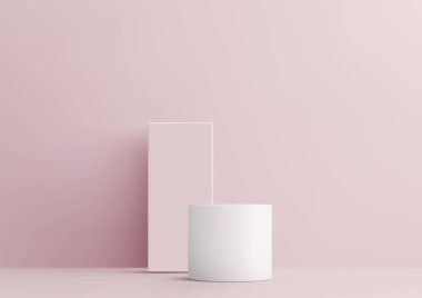 3B beyaz silindir podyum, dikdörtgen tahta ile yumuşak pembe duvar zemininde oturur, minimal konsept, ürün gösterimi, model, sergi odası, vitrin.