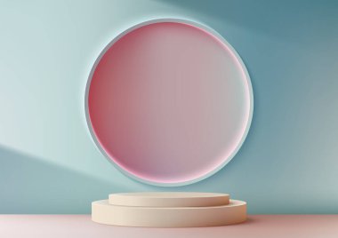 Pembe zemin ve mavi duvar arka planında daire duvar arkaplanı olan 3D bej podyum. ürün gösterimleri, modeller ve showroom sunumları