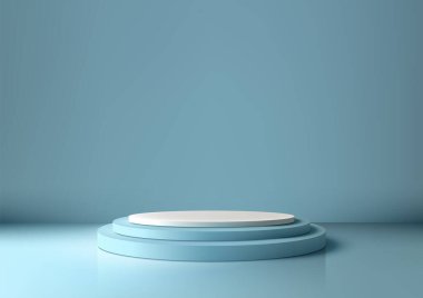Üzerinde ışık bulunan 3D mavi podyum merdiveni, mavi bir duvar arkaplanı, minimal stil, ürün sergisi, model, sergi salonu, vitrin.